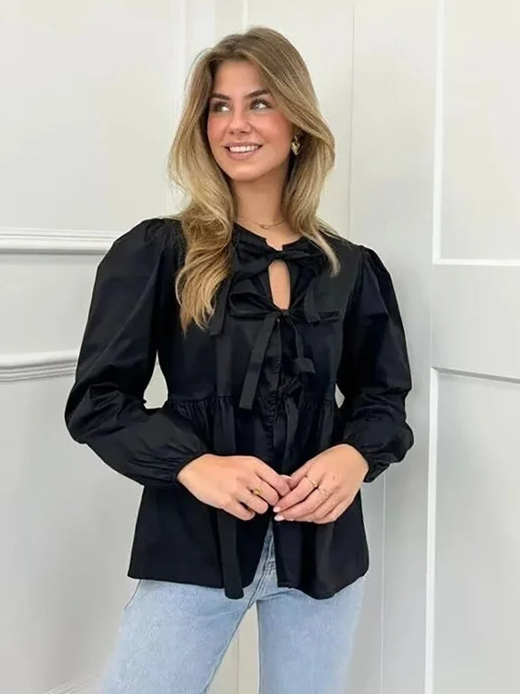 ASDS Women's Vintage Ruffled O-Neck Loose Fit Long Casual Shirt – Puff Sleeve, Single Breasted, Polyester Broadcloth