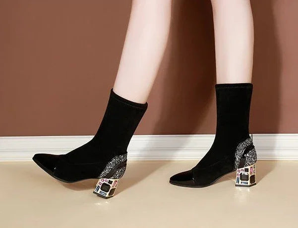 Shangkaka Women's Mid-Calf Sock Boots – Crystal Detailing, Pointed Toe, High Square Heel