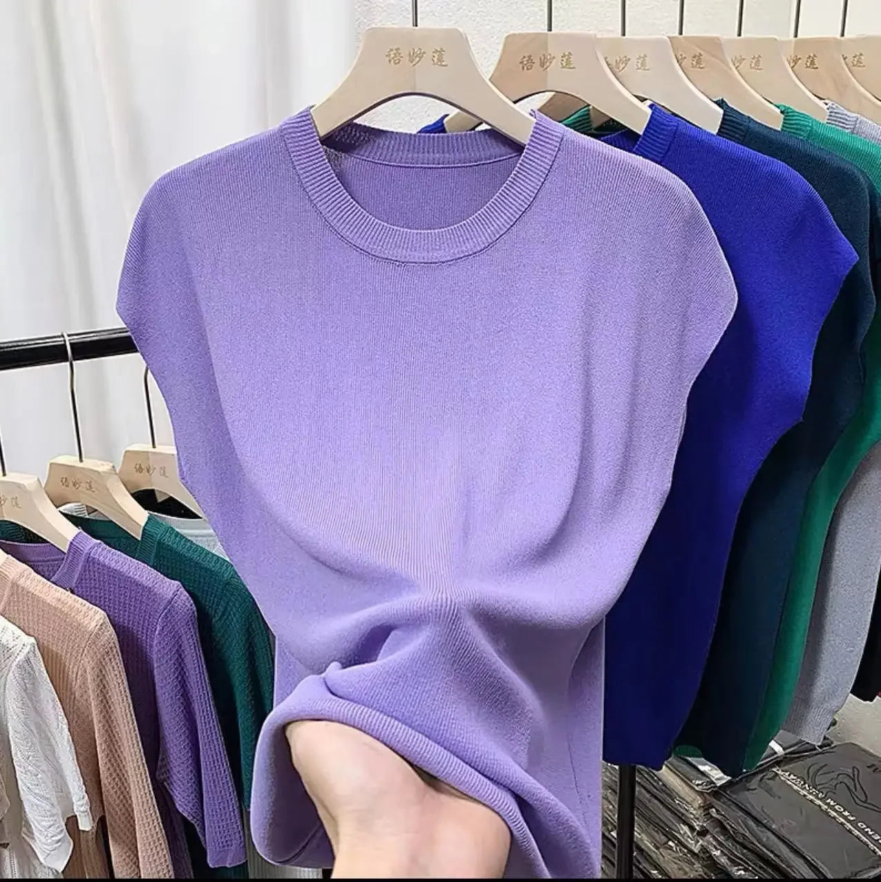 Women's T-Shirts 2024 Summer Ice Silk Knitted Tees Casual Solid Tops Purple Blue Fashion O Neck Short Sleeved Blouse for Women