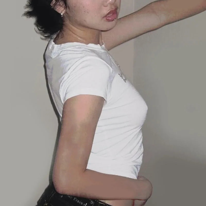 Rhinestone Letter Print Crop Top for Women – Y2K Bling Summer Casual Te