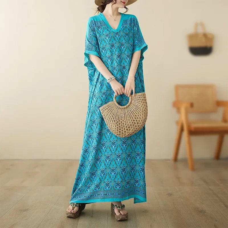 Boho Floral Cotton-Linen Summer Dress for Women – Ankle-Length, Loose Fit, O-Neck