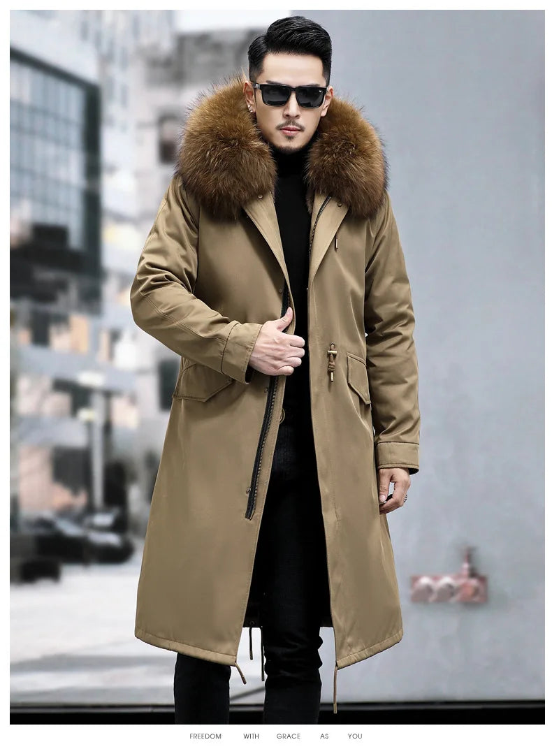 FURTJY Men's High Street Winter Coat – Real Fox Fur Lining, Raccoon Fur Collar, Zipper Closure, Casual Slim Fit