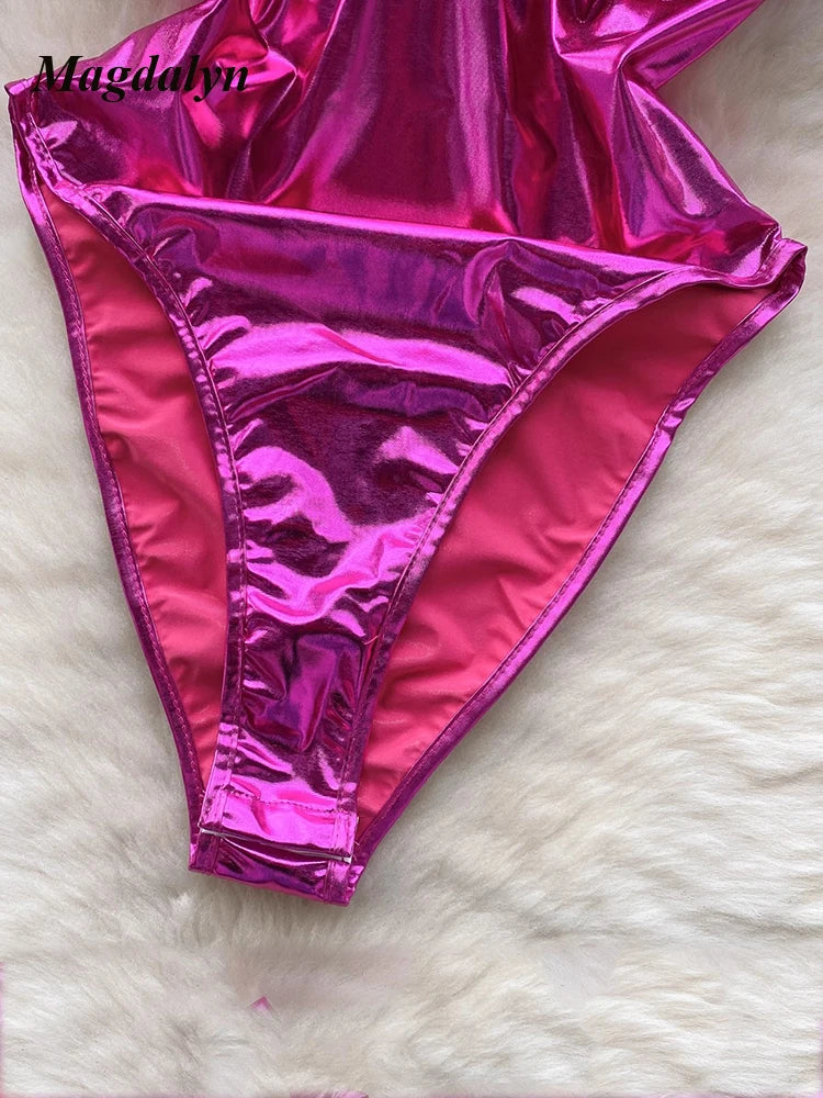 Magdalyn Women’s Sexy High-Waist Skinny Bodysuit a Solid Coated Cloth Romper for All Seasons