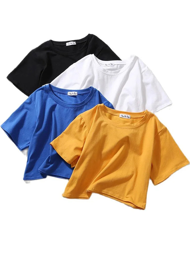 Summer Short Sleeve T Shirts Women  Solid O Neck High Waist Crop Top Tee Female Casual Loose T Shirt