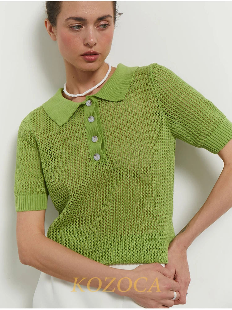 KOZOCA Women's Hollow-Out Knit T-shirt – Casual Solid Spring/Summer Top