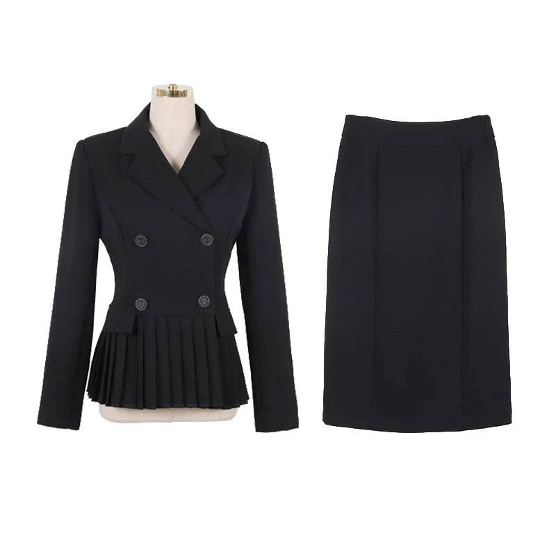 Autumn Spring Office Ladies Two Piece Set Double-Breasted White Ruffles Belt Blazer Tops + Split Pencil Skirt Suit