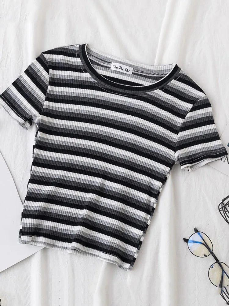 EGOROVA Women's Casual Striped Art-Patterned Summer T-Shirt (DF-3466/xdh)