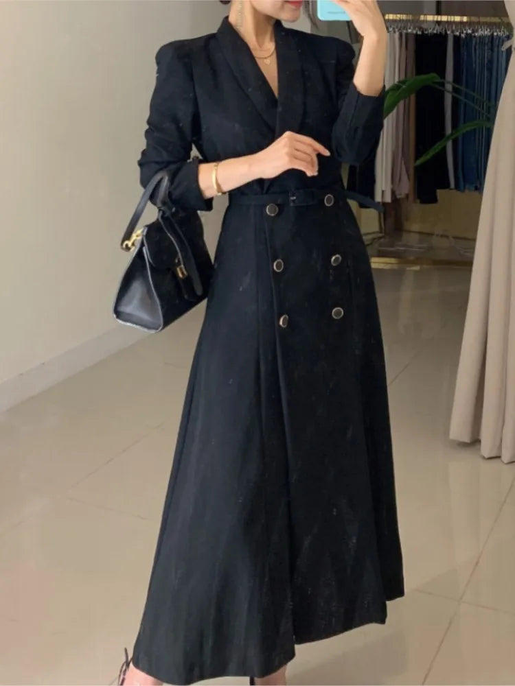 NoEnName Women's Office Lady A-Line Mid-Calf Dress – Double Breasted, Notched Neckline, and Sashes Decoration