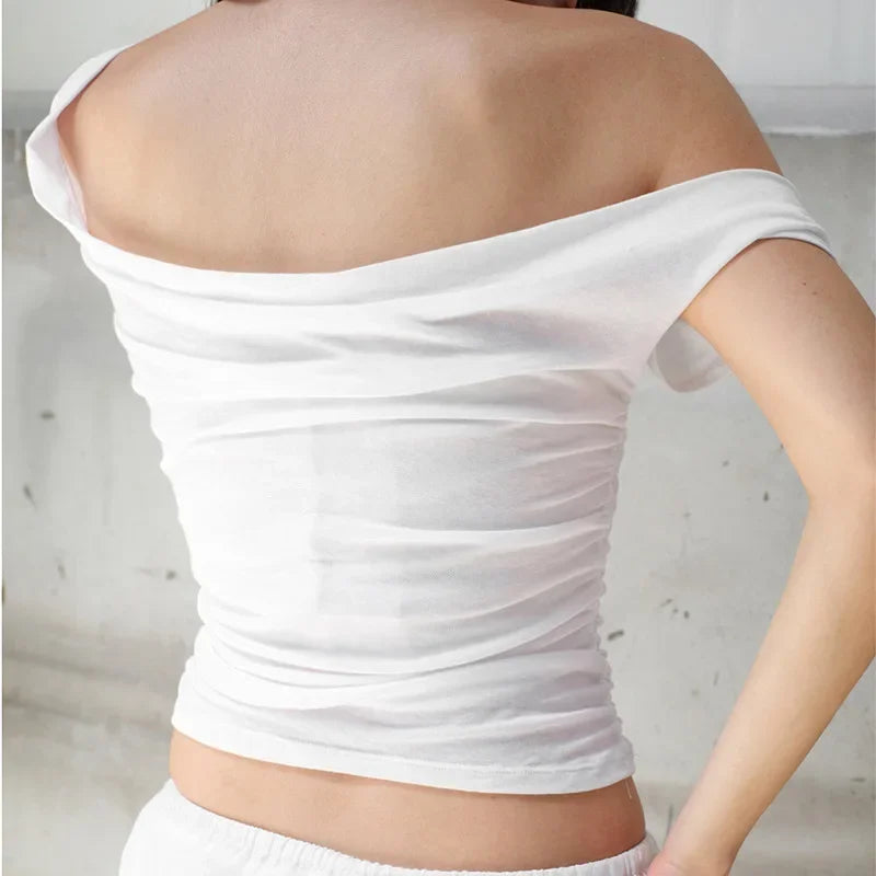 Vamos Todos Y2K Asymmetrical Skew Collar Slim Fit Tee for Women – Streetwear Summer Top