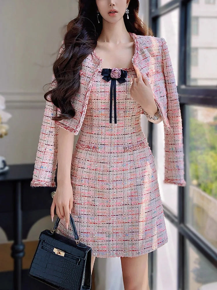 Dabuwawa Women's England Style Plaid A-Line Dress with Tassel, Button, and Patchwork Details – Autumn/Winter Collection