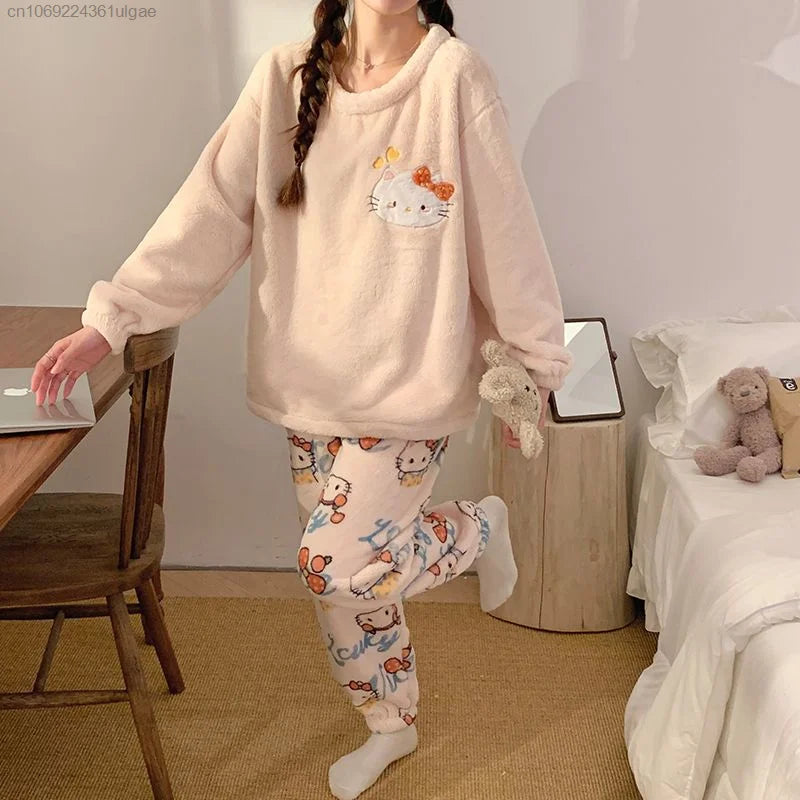 MINISO Korean Style Women's Autumn/Winter Hello Kitty Cartoon Fleece Pullover & Ankle-Length Sleepwear Set