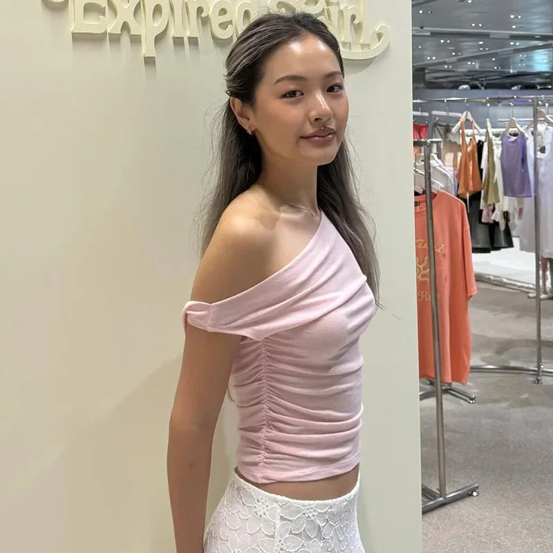 Vamos Todos Y2K Asymmetrical Skew Collar Slim Fit Tee for Women – Streetwear Summer Top