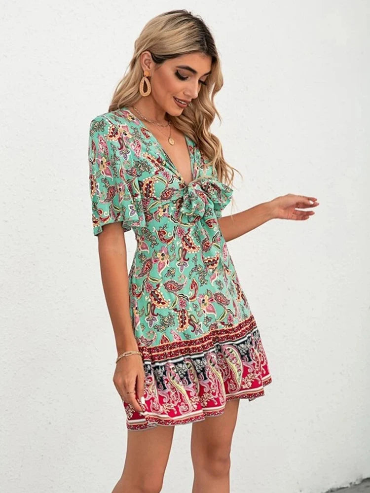 NoEnName_Null Junior Women's Bohemian V-Neck Printed Mini Dress