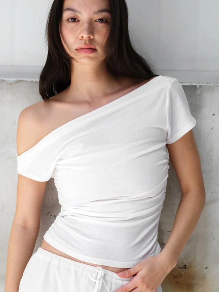 Vamos Todos Y2K Asymmetrical Skew Collar Slim Fit Tee for Women – Streetwear Summer Top