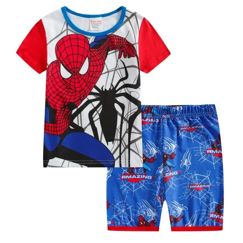MINISO Kids Cartoon Pajama Sets – Short Sleeve Summer Outfits for Boys & Girls (Spiderman, Iron Man, Mickey, Elsa & More)