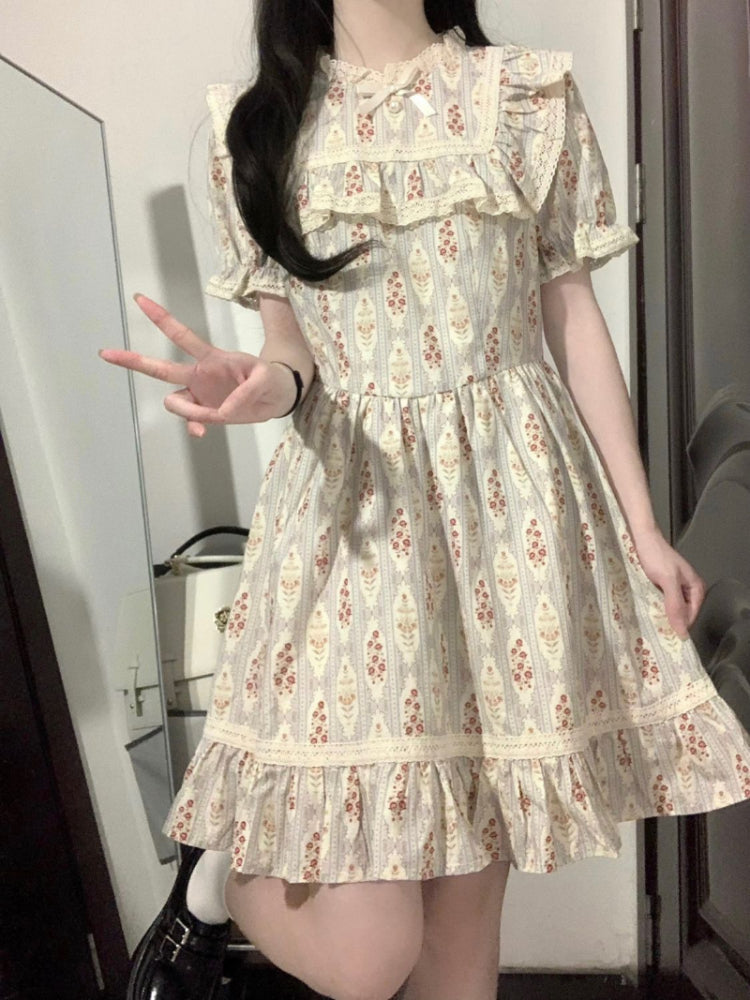 NQYW Women's Knee-Length Print Dress with Bow Neckline - Preppy Style Summer Gown