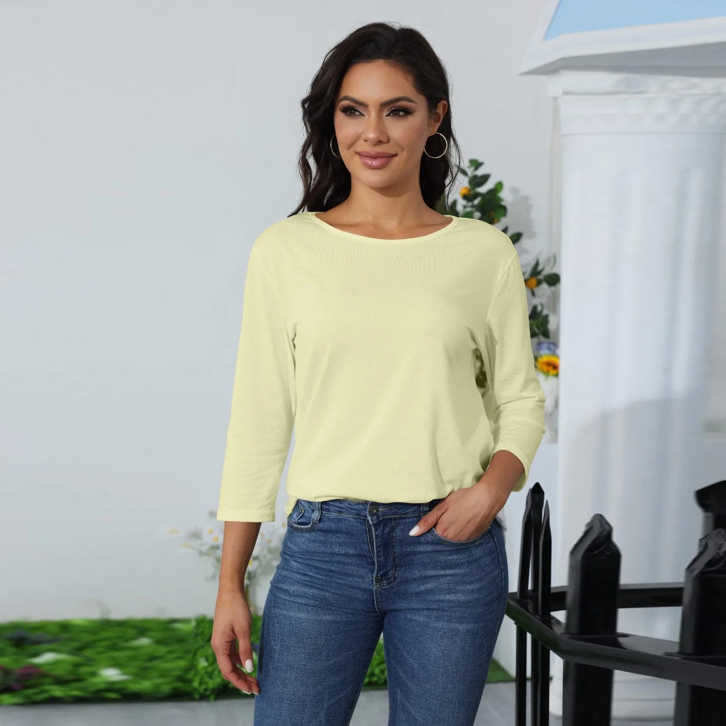 Women's Summer T-Shirts 2024 Fashion Casual Everyday Versatile O-Neck 3/4 Length Sleeve Tops Solid Color T-Shirt Tops Plus Size