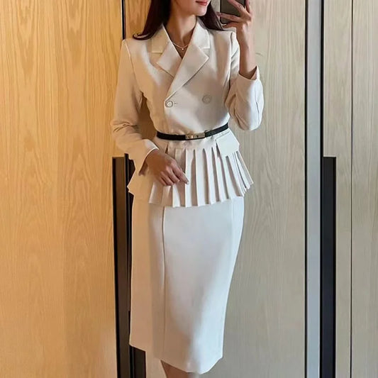 Autumn Spring Office Ladies Two Piece Set Double-Breasted White Ruffles Belt Blazer Tops + Split Pencil Skirt Suit