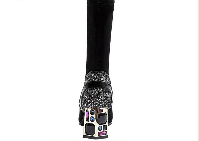 Shangkaka Women's Mid-Calf Sock Boots – Crystal Detailing, Pointed Toe, High Square Heel