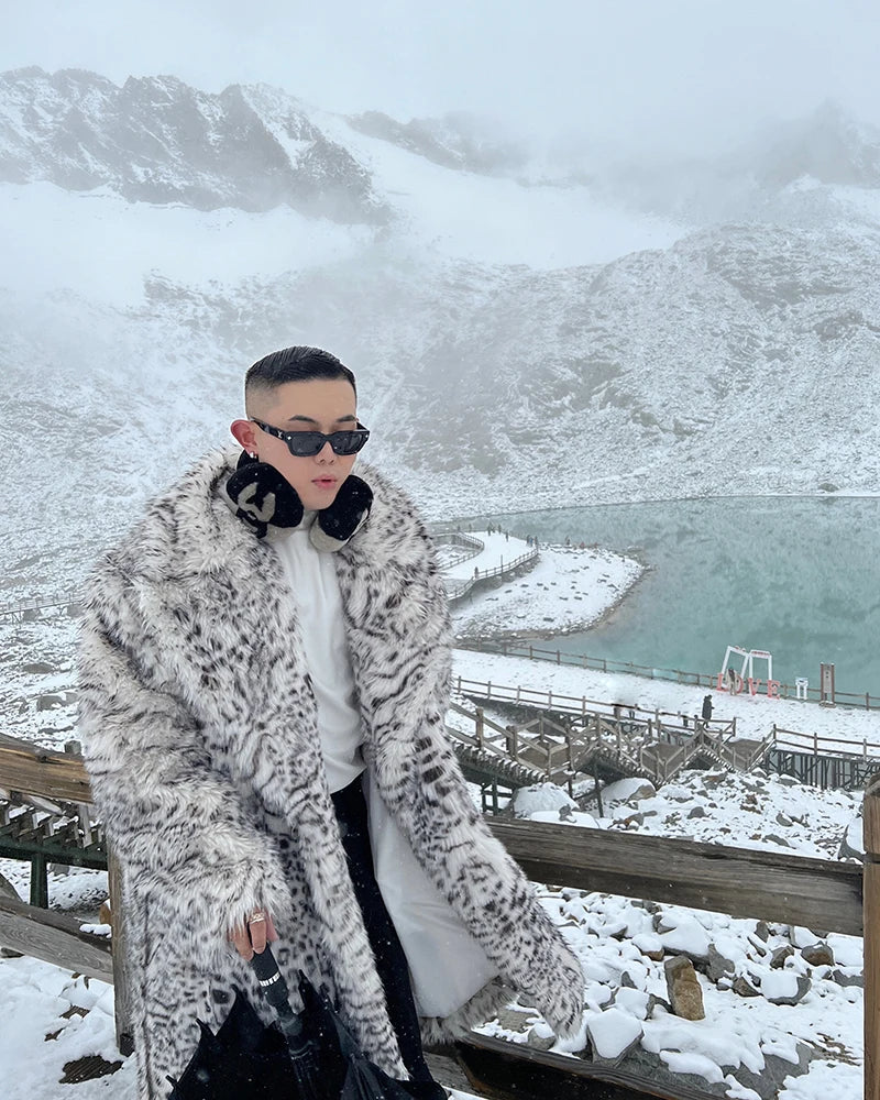 Mauroicardi Men’s Casual Leopard Faux Fur Winter Coat - Single-Breasted, Long-Length with Pockets