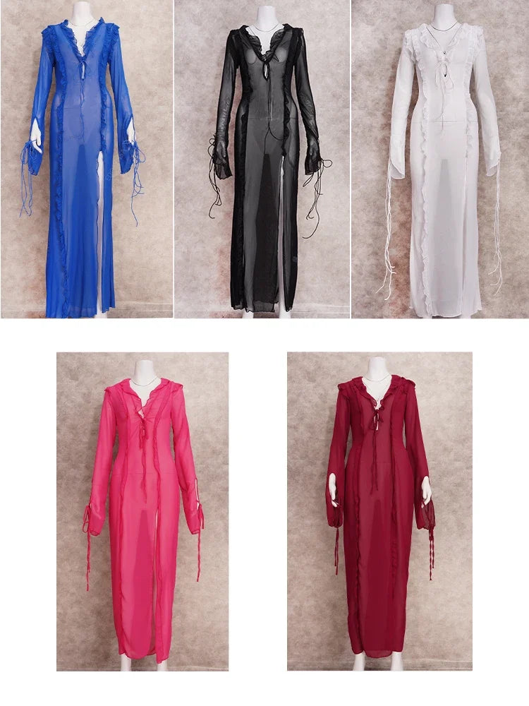 LORYLEI Women's Sexy Club V-Neck Lace-Up Sheath Chiffon Dress – Elegant Ankle-Length Summer Dress