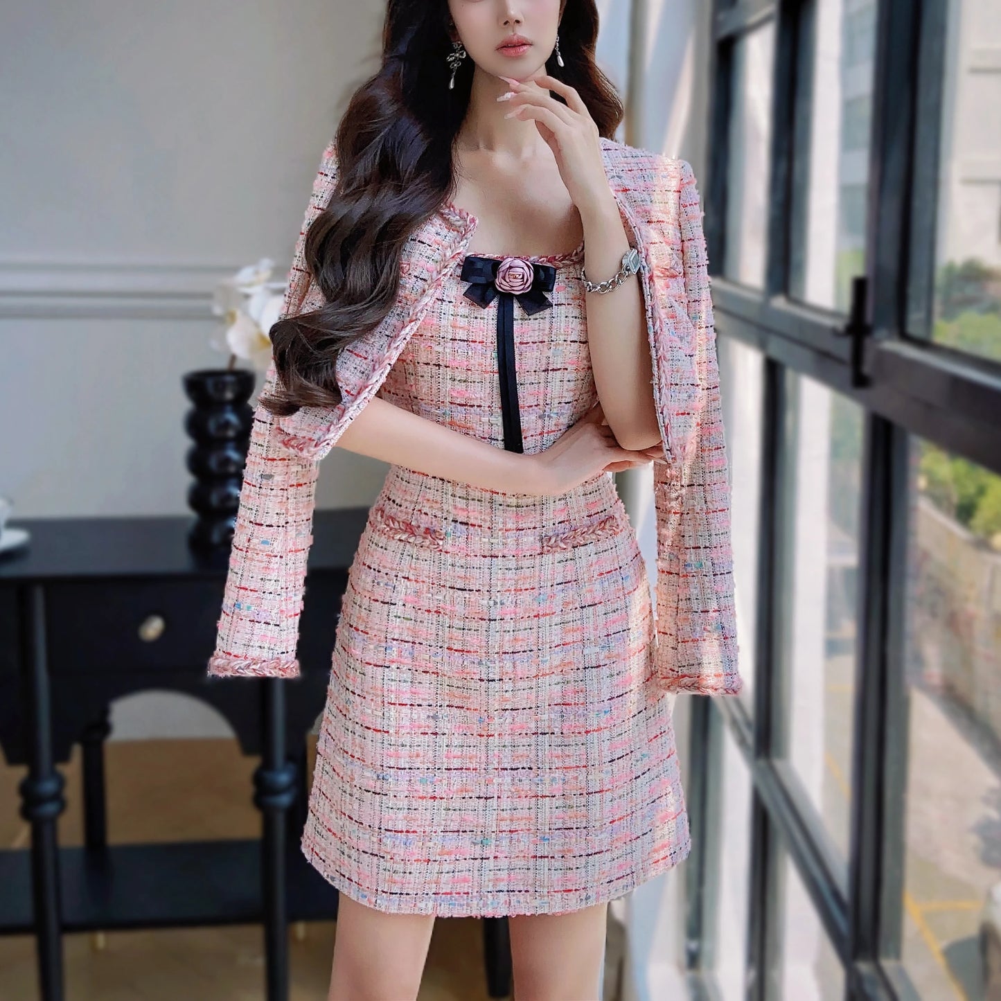 Dabuwawa Women's England Style Plaid A-Line Dress with Tassel, Button, and Patchwork Details – Autumn/Winter Collection