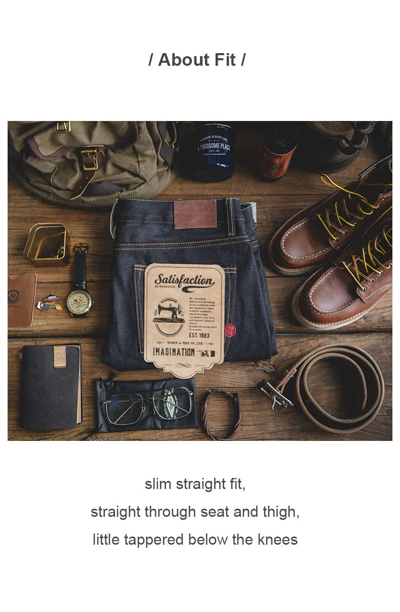 MADEN Men’s Safari Style Slim Fit Straight-Leg Denim Jeans - Embroidered, Vintage-Inspired with Raw Denim Finish