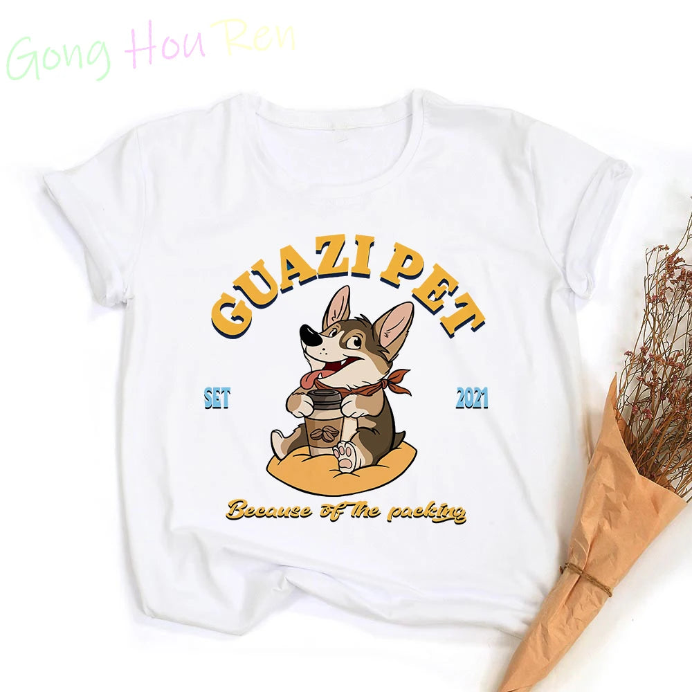 Gong Hou Ren Women’s Corgi Cartoon Graphic T-Shirt – Summer 2024 Collection