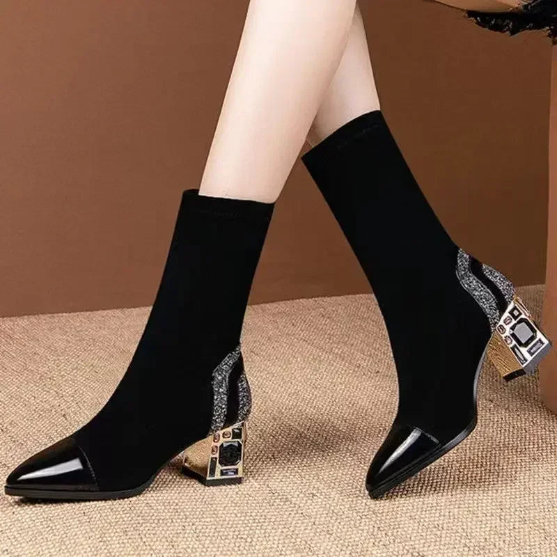 Shangkaka Women's Mid-Calf Sock Boots – Crystal Detailing, Pointed Toe, High Square Heel