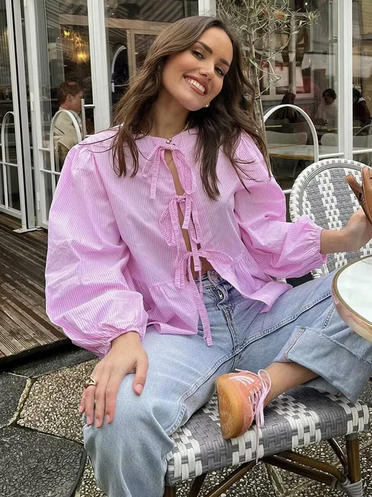 ASDS Women's Vintage Ruffled O-Neck Loose Fit Long Casual Shirt – Puff Sleeve, Single Breasted, Polyester Broadcloth