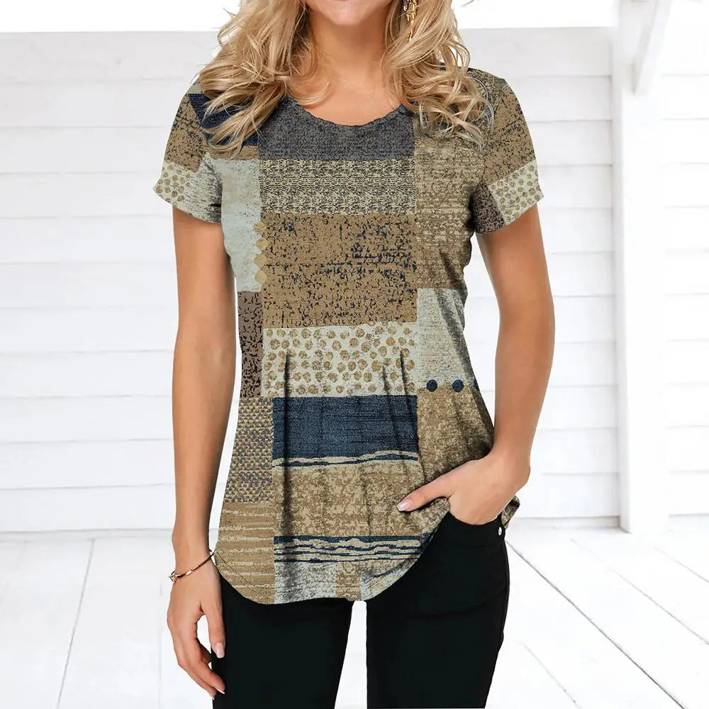 NoEnName_Null Women’s 3D Print Patchwork T-Shirt – Casual American Retro O-Neck Short Sleeve Top