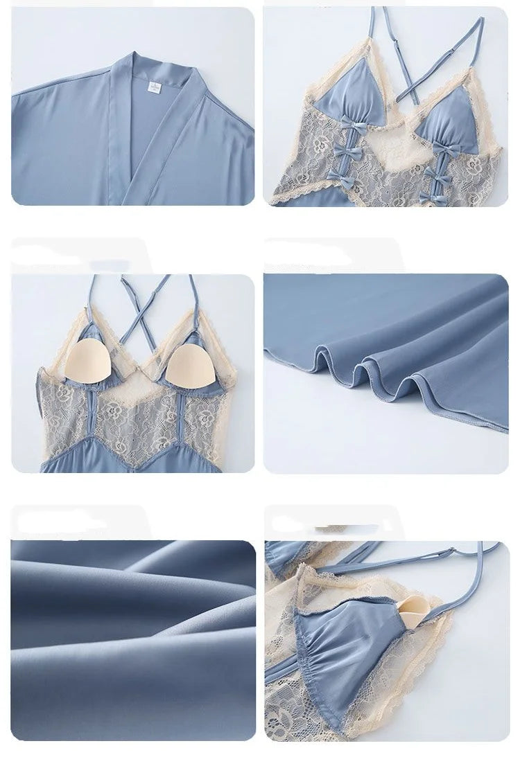 Men Women High Quality Satin Couple Pajamas Gown Set Sexy Hollowout Lace  Spaghetti Straps V-Neck Long Sleeves Pants Loungewear