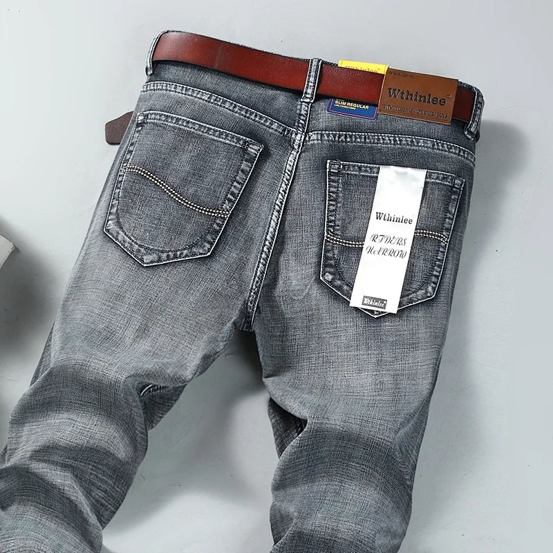 WTHINLEE Men's Smart Casual Mid-Waist Denim Jeans - Straight Fit, Full-Length, Midweight