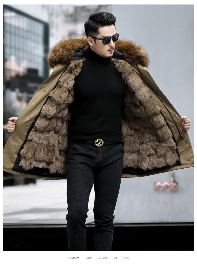 FURTJY Men's High Street Winter Coat – Real Fox Fur Lining, Raccoon Fur Collar, Zipper Closure, Casual Slim Fit