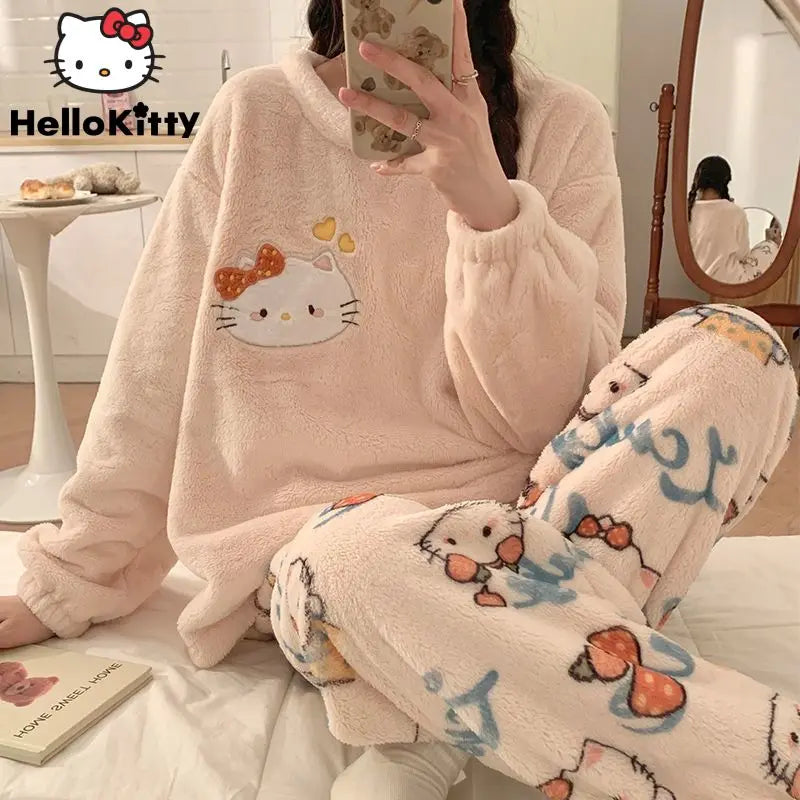 MINISO Korean Style Women's Autumn/Winter Hello Kitty Cartoon Fleece Pullover & Ankle-Length Sleepwear Set