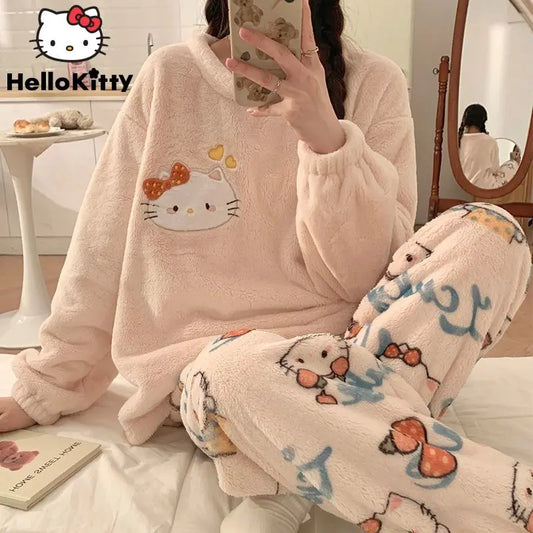 MINISO Korean Style Women's Autumn/Winter Hello Kitty Cartoon Fleece Pullover & Ankle-Length Sleepwear Set