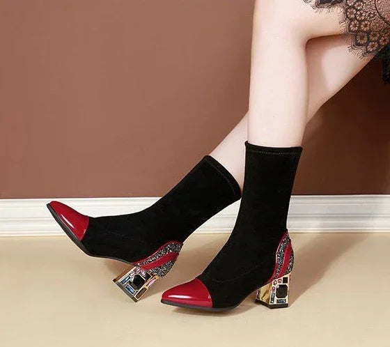 Shangkaka Women's Mid-Calf Sock Boots – Crystal Detailing, Pointed Toe, High Square Heel