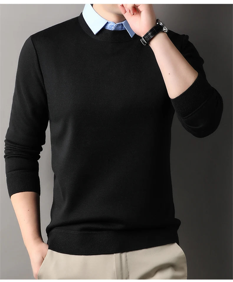 NoEnName_Null Men's Casual Pullover – Wool & Lycra Blend with Turn-Down Collar