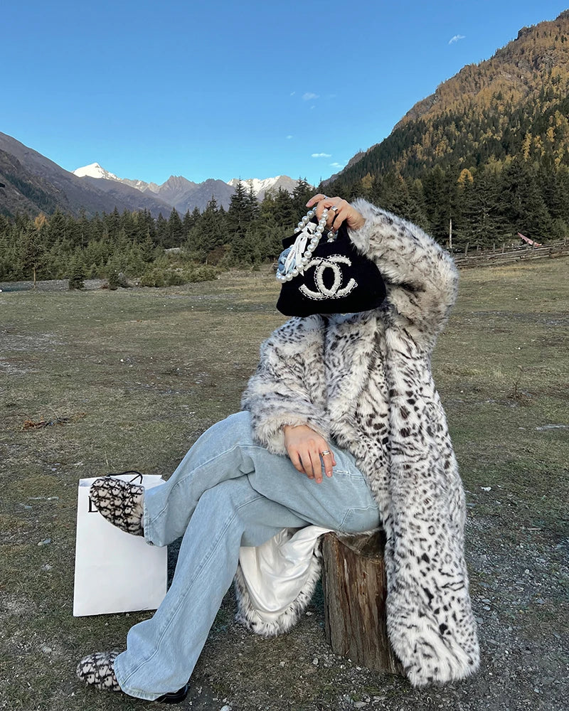 Mauroicardi Men’s Casual Leopard Faux Fur Winter Coat - Single-Breasted, Long-Length with Pockets