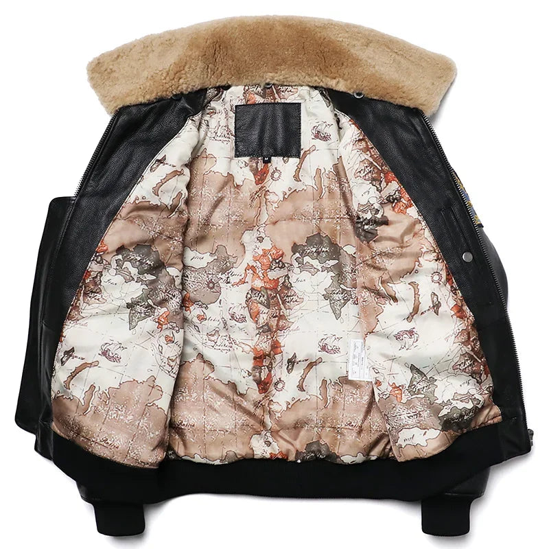 NoEnName_Null Men’s Military Style Cow Leather Jacket – Winter Outerwear with Zippers and Turn-Down Collar