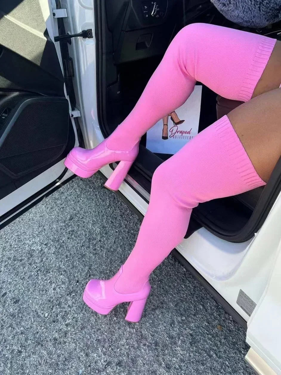 NoEnName_Null Over-the-Knee Motorcycle Boots for Women - High Heel Slip-On Sexy Stretch Fabric Boots