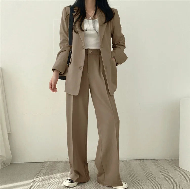 eDressU Women's Casual High-Waist Wide Leg Pant Suit - Full Length, Loose Fit, Shawl Collar, Pockets, All-Season Polyester