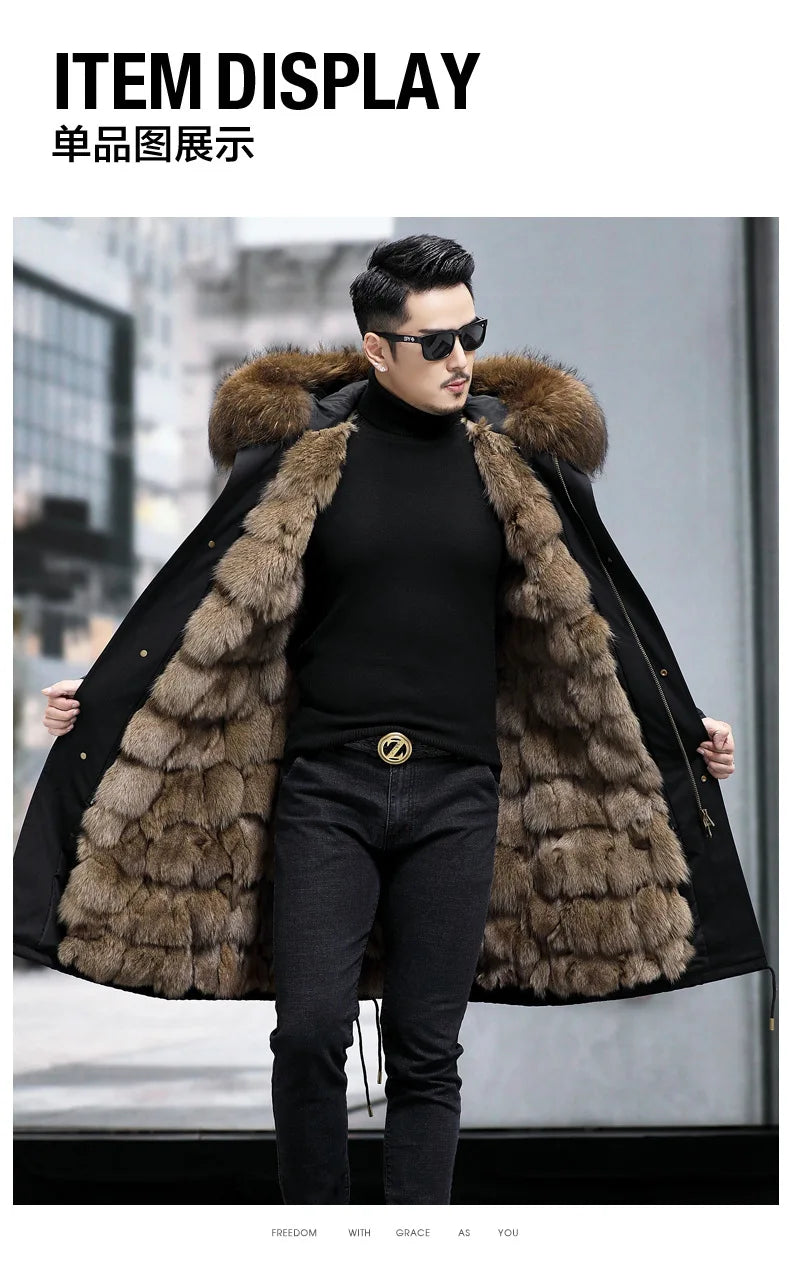 FURTJY Men's High Street Winter Coat – Real Fox Fur Lining, Raccoon Fur Collar, Zipper Closure, Casual Slim Fit