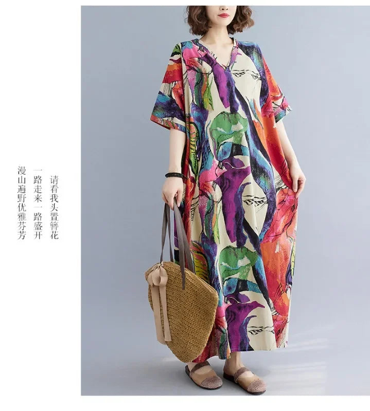 Boho Floral Cotton-Linen Summer Dress for Women – Ankle-Length, Loose Fit, O-Neck