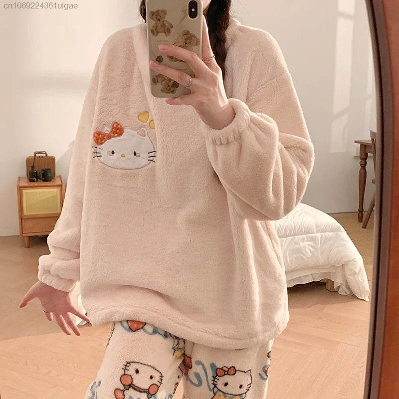 MINISO Korean Style Women's Autumn/Winter Hello Kitty Cartoon Fleece Pullover & Ankle-Length Sleepwear Set