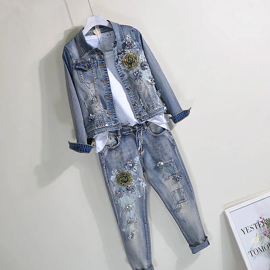 NANCYLIM Women Floral Streetwear Skinny Ankle-Length Jeans Spring/Summer Style