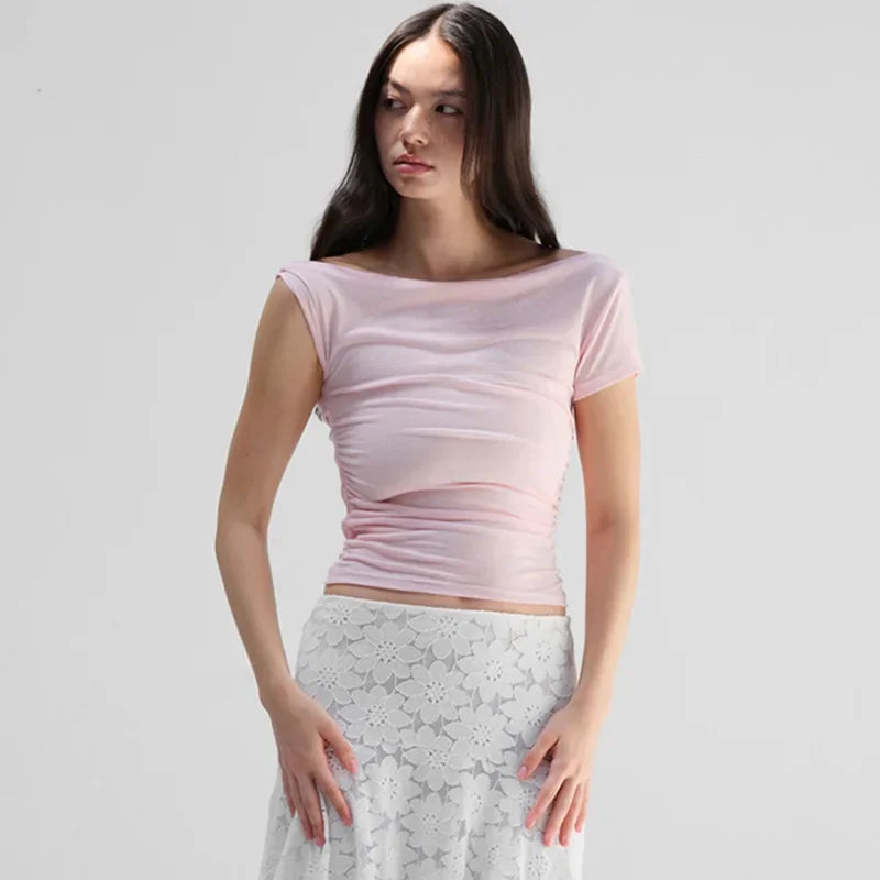 Vamos Todos Y2K Asymmetrical Skew Collar Slim Fit Tee for Women – Streetwear Summer Top