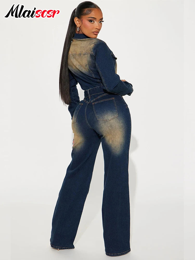 Mlaiscsr Women's Streetwear Patchwork Denim Cargo Jumpsuit - High Waist, Full Length