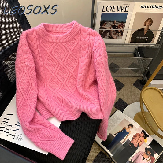 LEOSOXS Women’s Sweet High Street Wool Pullover – Autumn/Winter Solid O-Neck Sweater in Pink