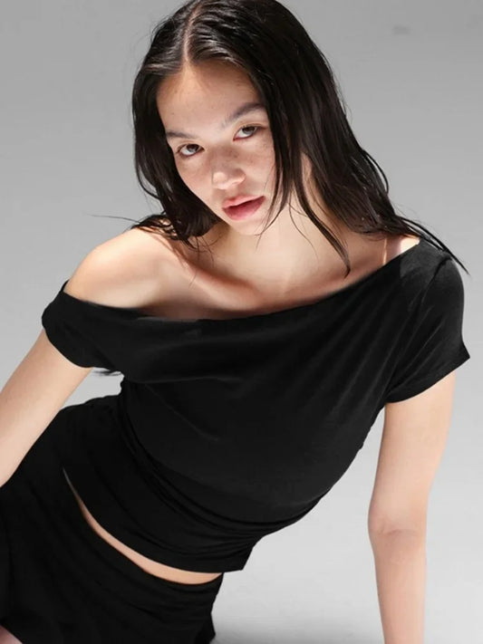 Vamos Todos Y2K Asymmetrical Skew Collar Slim Fit Tee for Women – Streetwear Summer Top